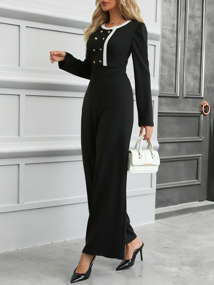 Color Block Full Length Jumpsuit For Women In Twilled Satin Fabric With Double Breasted Design And High Elasticity