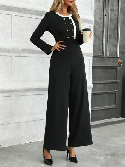 Color Block Full Length Jumpsuit For Women In Twilled Satin Fabric With Double Breasted Design And High Elasticity