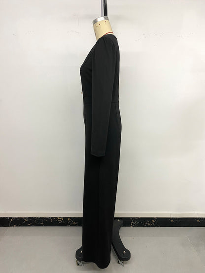 Color Block Full Length Jumpsuit For Women In Twilled Satin Fabric With Double Breasted Design And High Elasticity