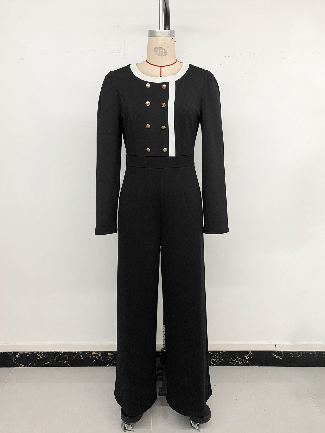Color Block Full Length Jumpsuit For Women In Twilled Satin Fabric With Double Breasted Design And High Elasticity