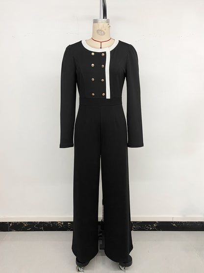 Color Block Full Length Jumpsuit For Women In Twilled Satin Fabric With Double Breasted Design And High Elasticity