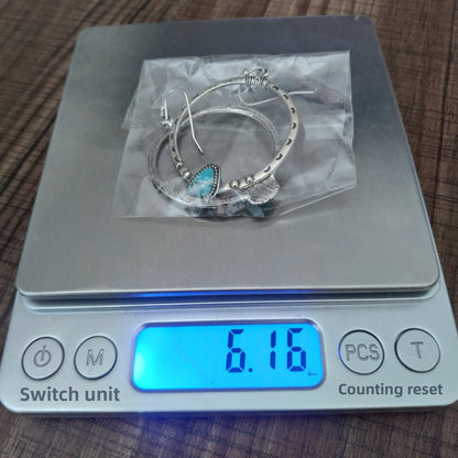 Retro Circle Hoop Earrings For Women In Antique Silver Plated Alloy With Turquoise Inlay