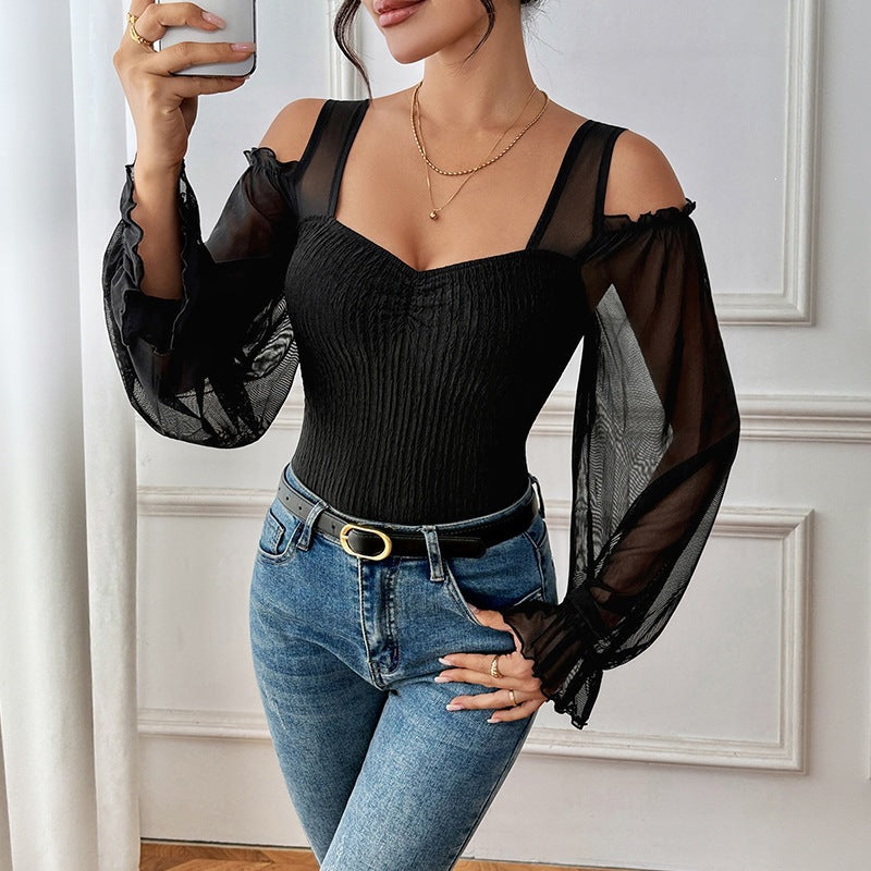 Women's Polyester Teddies With Puff Sleeve Design, High Elasticity Long Sleeve Shorts For Autumn And Winter