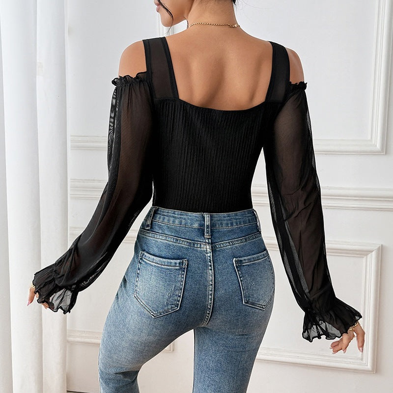 Women's Polyester Teddies With Puff Sleeve Design, High Elasticity Long Sleeve Shorts For Autumn And Winter