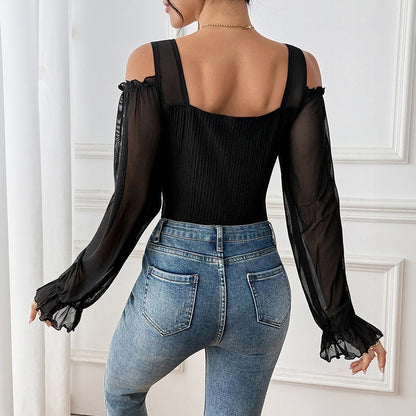 Women's Polyester Teddies With Puff Sleeve Design, High Elasticity Long Sleeve Shorts For Autumn And Winter