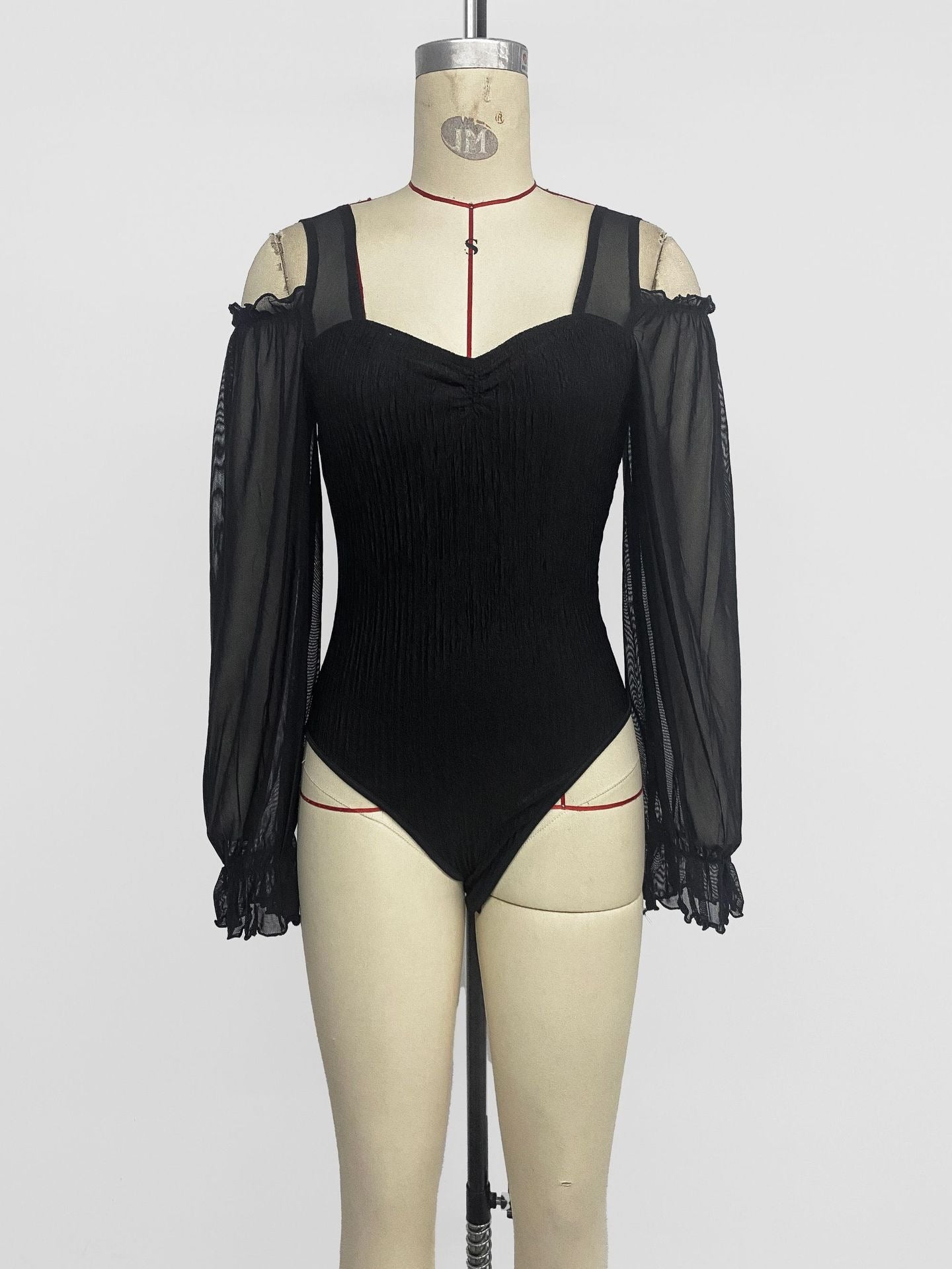 Women's Polyester Teddies With Puff Sleeve Design, High Elasticity Long Sleeve Shorts For Autumn And Winter