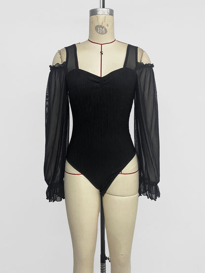 Women's Polyester Teddies With Puff Sleeve Design, High Elasticity Long Sleeve Shorts For Autumn And Winter