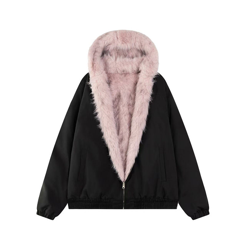 British Style Faux Fur Coat With Hooded Collar And Long Sleeves, Made Of Warm Polyester Fabric