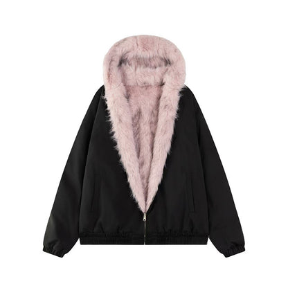 British Style Faux Fur Coat With Hooded Collar And Long Sleeves, Made Of Warm Polyester Fabric