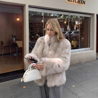 British Style Solid Color Coat With Hidden Buckle Placket, Standing Collar, Warm Polyester Fabric Outerwear