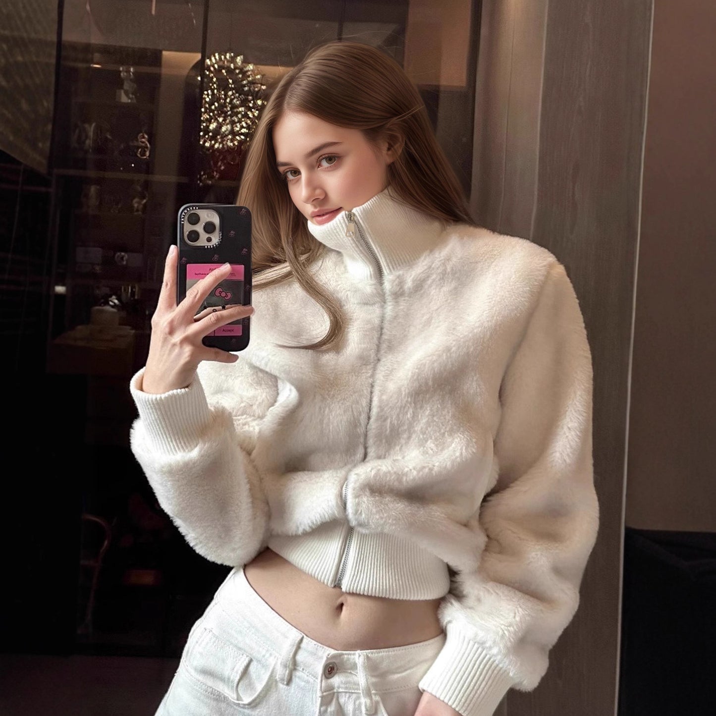 British Style Solid Color Faux Fur Coat With Zipper Placket In Rayon Fabric, Featuring Turtleneck Design