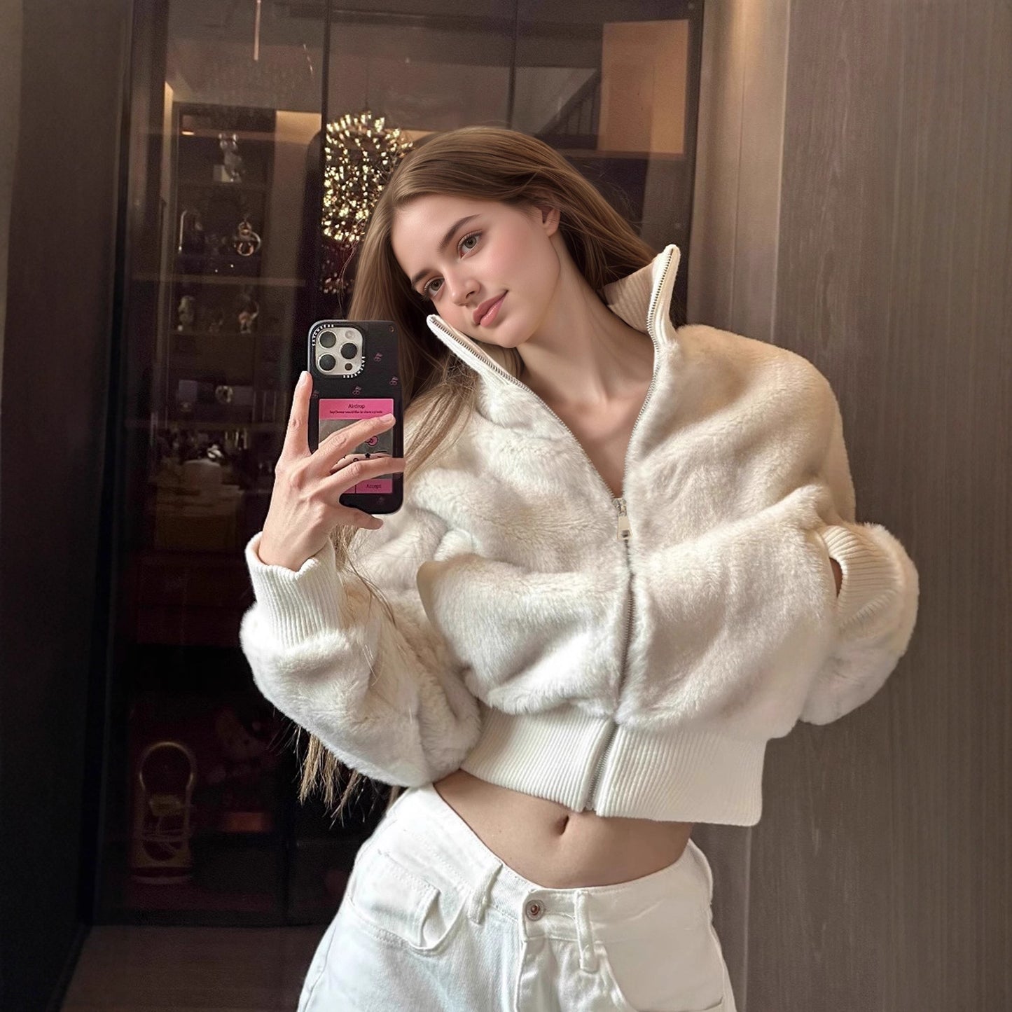 British Style Solid Color Faux Fur Coat With Zipper Placket In Rayon Fabric, Featuring Turtleneck Design