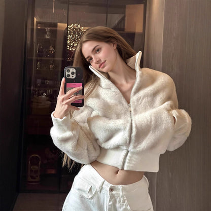 British Style Solid Color Faux Fur Coat With Zipper Placket In Rayon Fabric, Featuring Turtleneck Design