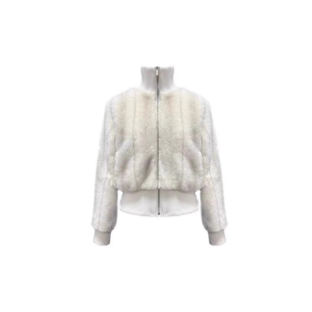 British Style Solid Color Faux Fur Coat With Zipper Placket In Rayon Fabric, Featuring Turtleneck Design