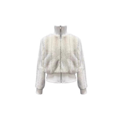 British Style Solid Color Faux Fur Coat With Zipper Placket In Rayon Fabric, Featuring Turtleneck Design