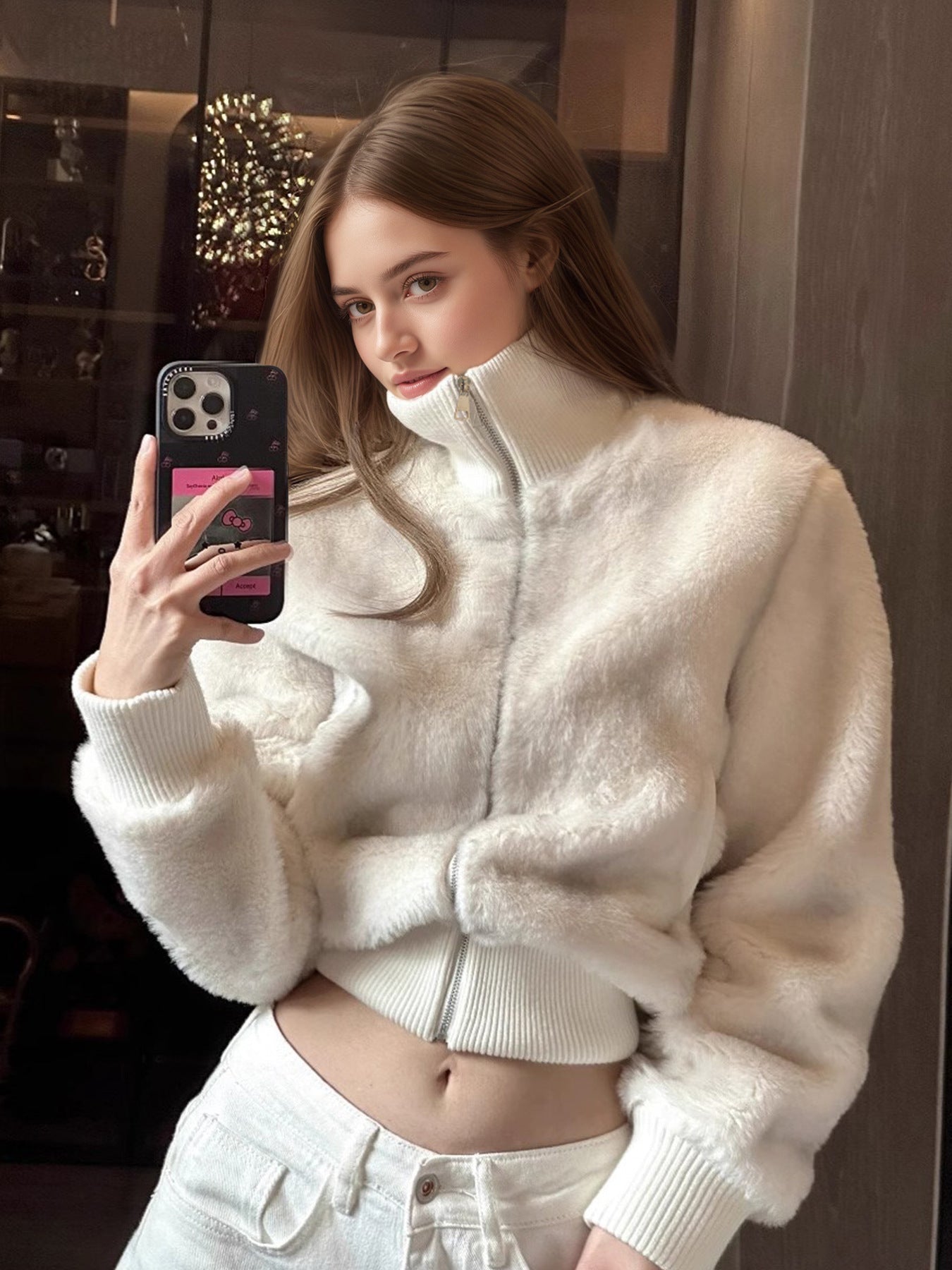 British Style Solid Color Faux Fur Coat With Zipper Placket In Rayon Fabric, Featuring Turtleneck Design