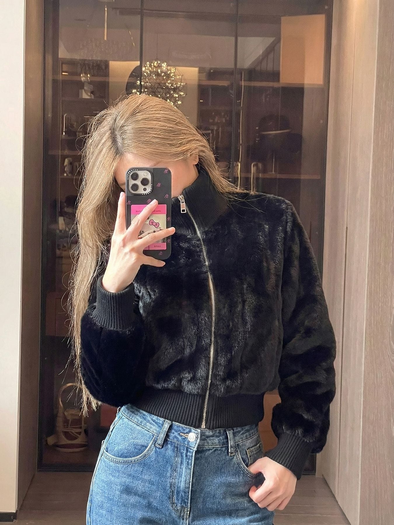 British Style Solid Color Faux Fur Coat With Zipper Placket In Rayon Fabric, Featuring Turtleneck Design