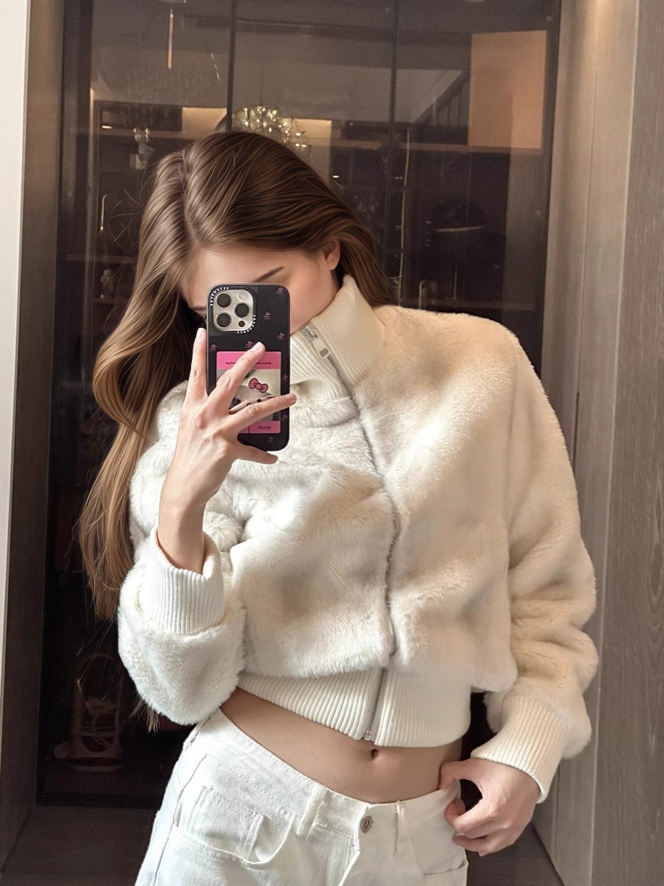 British Style Solid Color Faux Fur Coat With Zipper Placket In Rayon Fabric, Featuring Turtleneck Design