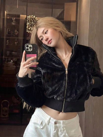 British Style Solid Color Faux Fur Coat With Zipper Placket In Rayon Fabric, Featuring Turtleneck Design