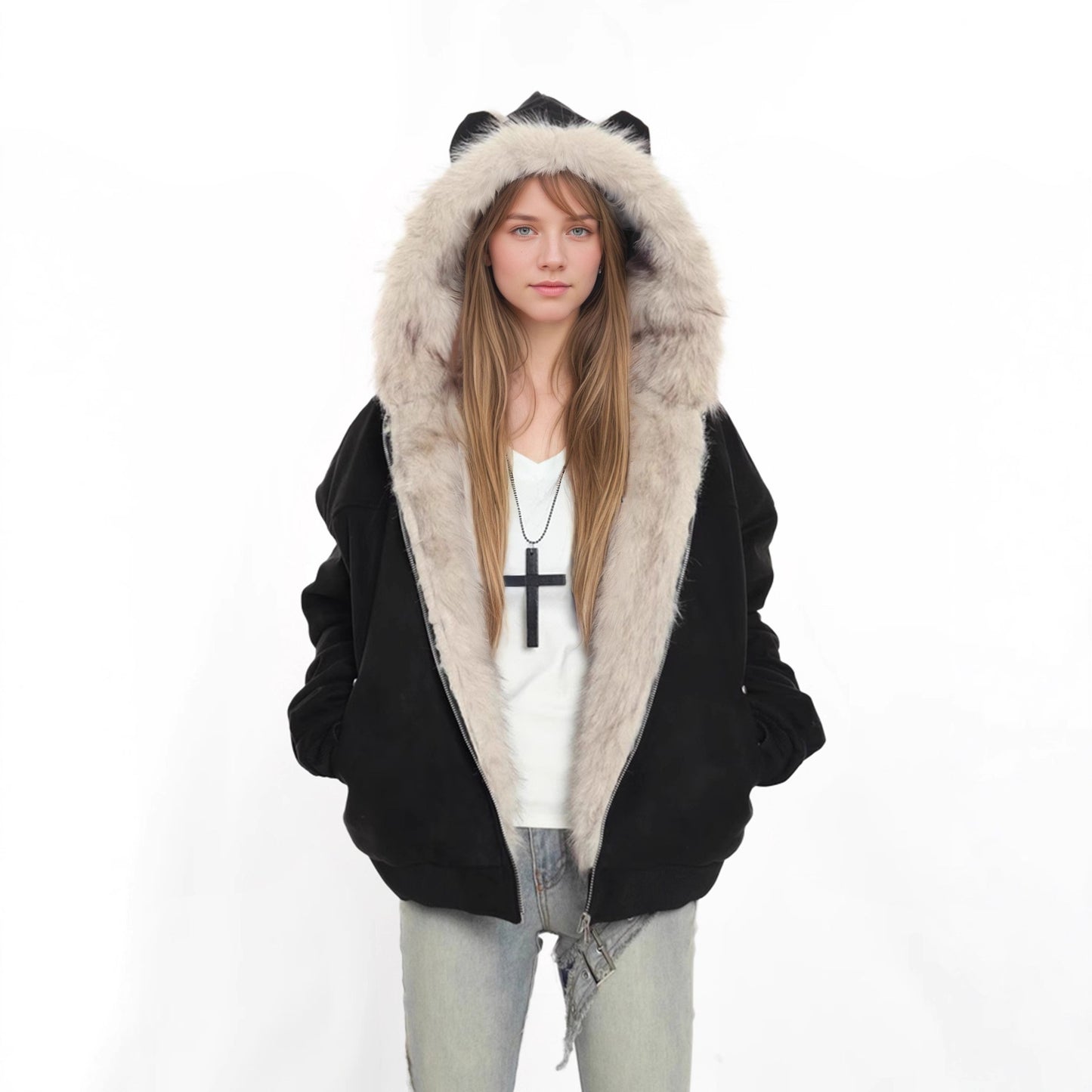 British Style Solid Color Coat With Zipper Placket, Hooded Design, Made Of Polyester Featuring Patchwork Craftsmanship