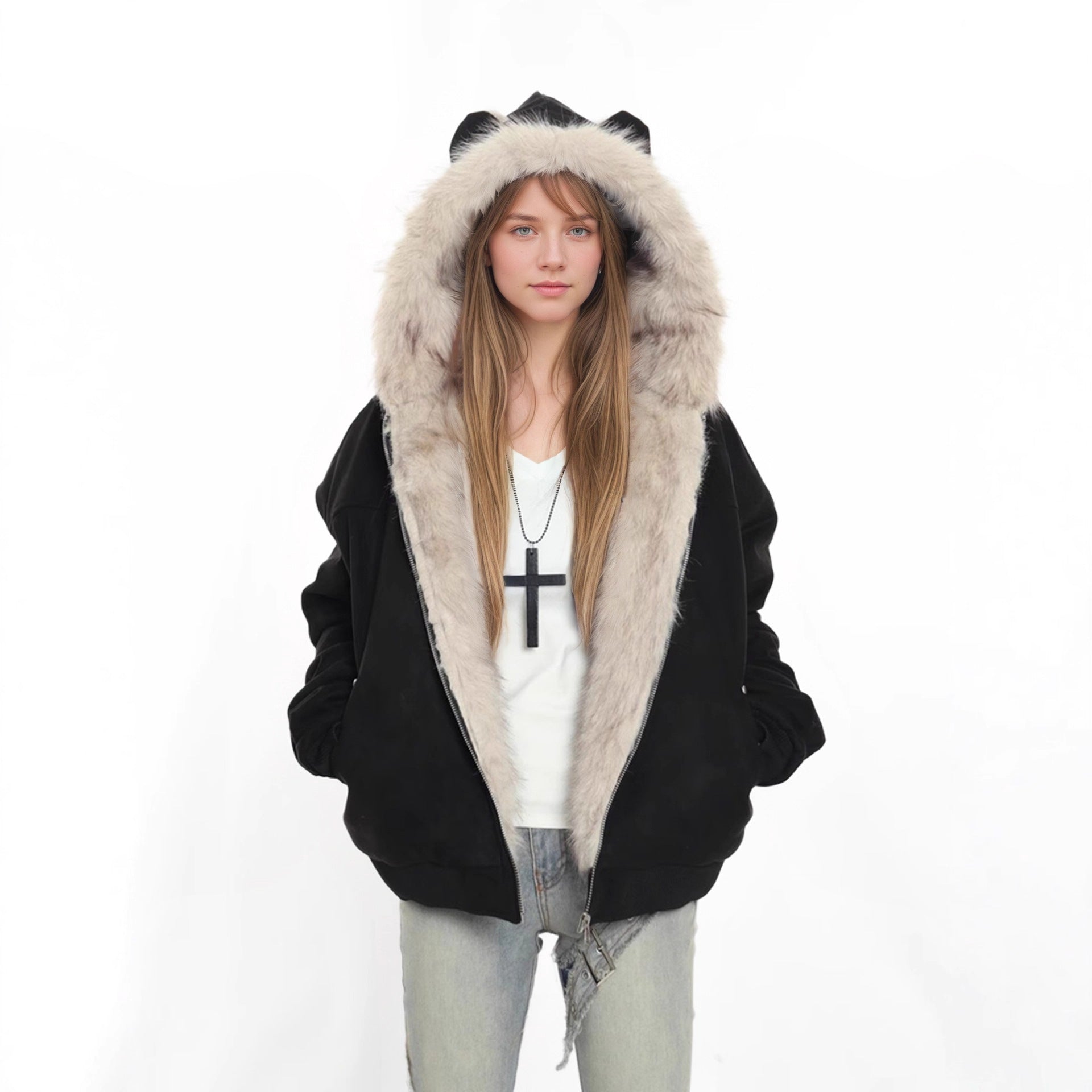British Style Solid Color Coat With Zipper Placket, Hooded Design, Made Of Polyester Featuring Patchwork Craftsmanship