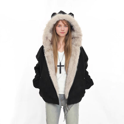 British Style Solid Color Coat With Zipper Placket, Hooded Design, Made Of Polyester Featuring Patchwork Craftsmanship
