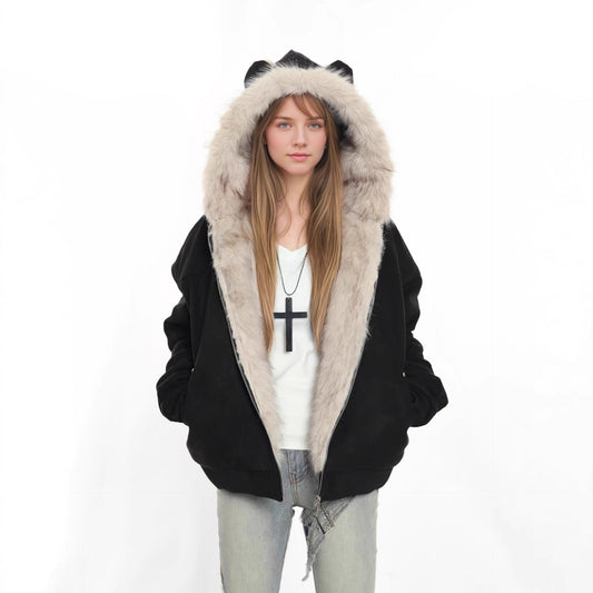 British Style Solid Color Coat With Zipper Placket, Hooded Design, Made Of Polyester Featuring Patchwork Craftsmanship