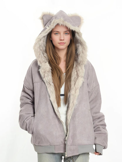 British Style Solid Color Coat With Zipper Placket, Hooded Design, Made Of Polyester Featuring Patchwork Craftsmanship
