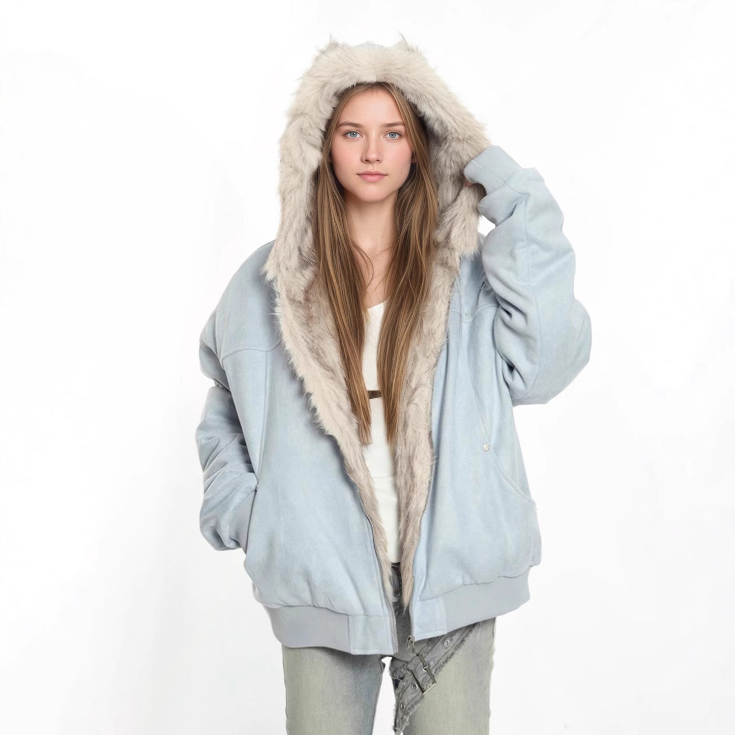 British Style Solid Color Coat With Zipper Placket, Hooded Design, Made Of Polyester Featuring Patchwork Craftsmanship