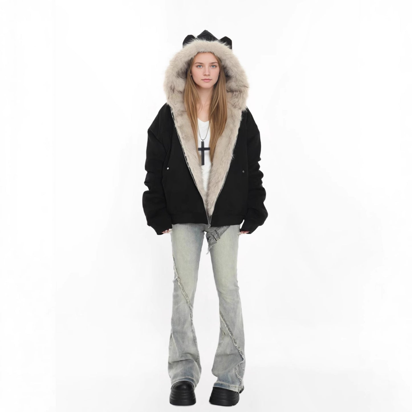 British Style Solid Color Coat With Zipper Placket, Hooded Design, Made Of Polyester Featuring Patchwork Craftsmanship
