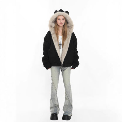 British Style Solid Color Coat With Zipper Placket, Hooded Design, Made Of Polyester Featuring Patchwork Craftsmanship