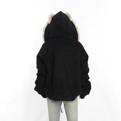 British Style Solid Color Coat With Zipper Placket, Hooded Design, Made Of Polyester Featuring Patchwork Craftsmanship