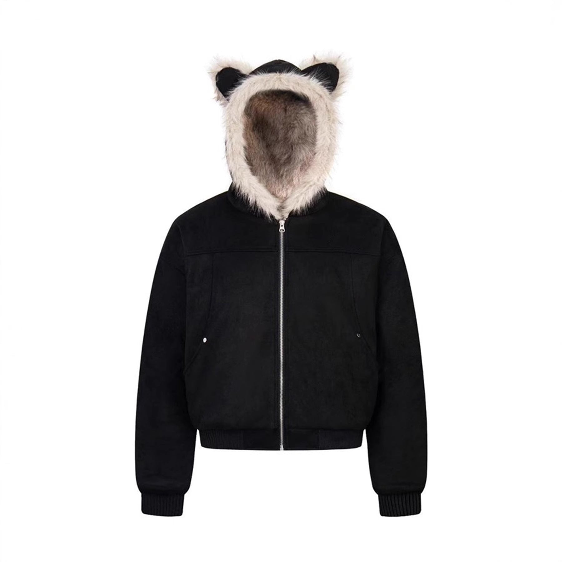 British Style Solid Color Coat With Zipper Placket, Hooded Design, Made Of Polyester Featuring Patchwork Craftsmanship