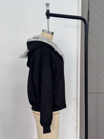 British Style Solid Color Coat With Zipper Placket, Hooded Design, Made Of Polyester Featuring Patchwork Craftsmanship