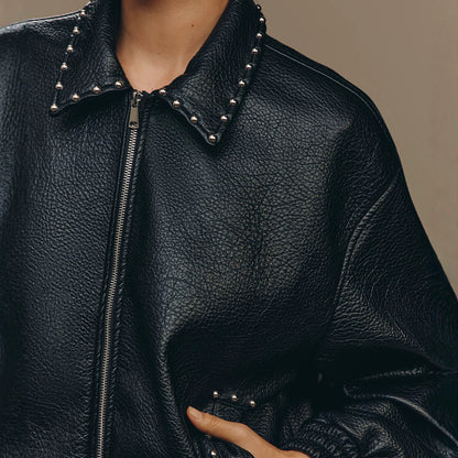 Punk Style Women's Leather Jacket With Zipper Placket, Featuring Pu Fabric And Rivet Craftsmanship In Lapel Design