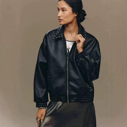 Punk Style Women's Leather Jacket With Zipper Placket, Featuring Pu Fabric And Rivet Craftsmanship In Lapel Design