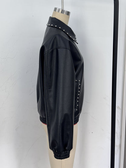Punk Style Women's Leather Jacket With Zipper Placket, Featuring Pu Fabric And Rivet Craftsmanship In Lapel Design