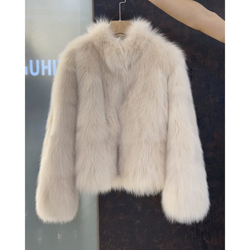 Fox Pattern Faux Fur Coat With Standing Collar And Long Sleeves, Made Of Polyester Featuring Contrast Faux Fur Craftsmanship