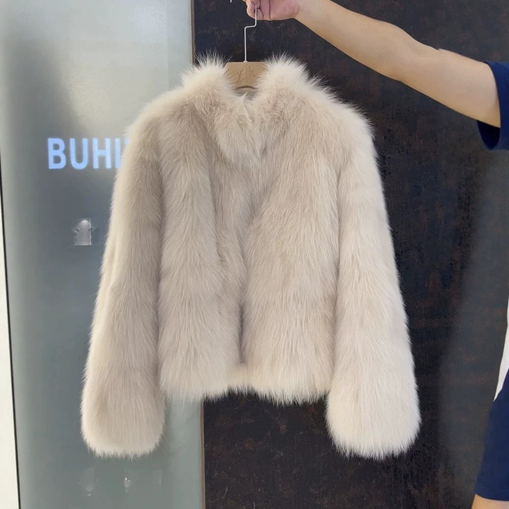 Fox Pattern Faux Fur Coat With Standing Collar And Long Sleeves, Made Of Polyester Featuring Contrast Faux Fur Craftsmanship