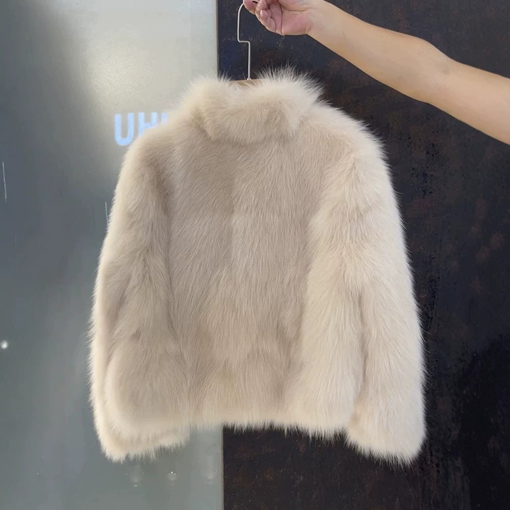 Fox Pattern Faux Fur Coat With Standing Collar And Long Sleeves, Made Of Polyester Featuring Contrast Faux Fur Craftsmanship