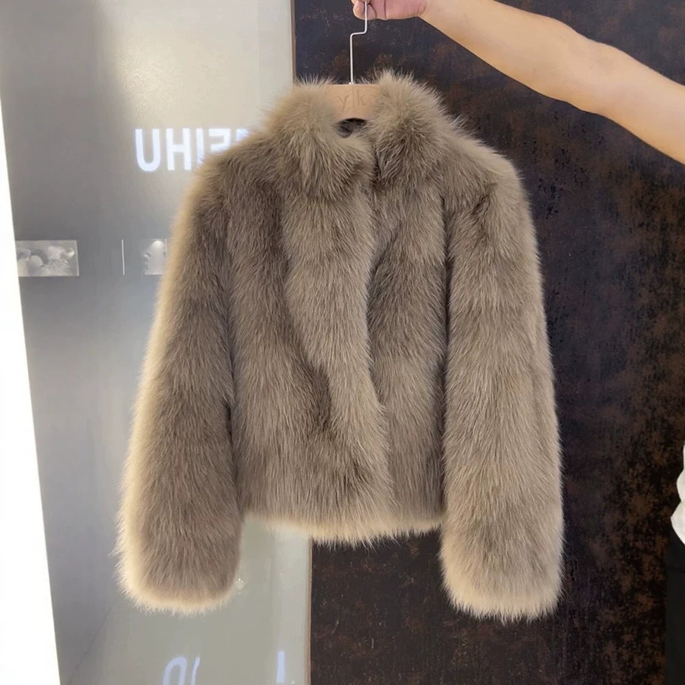 Fox Pattern Faux Fur Coat With Standing Collar And Long Sleeves, Made Of Polyester Featuring Contrast Faux Fur Craftsmanship