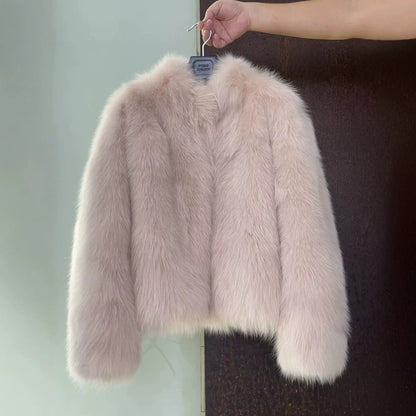 Fox Pattern Faux Fur Coat With Standing Collar And Long Sleeves, Made Of Polyester Featuring Contrast Faux Fur Craftsmanship