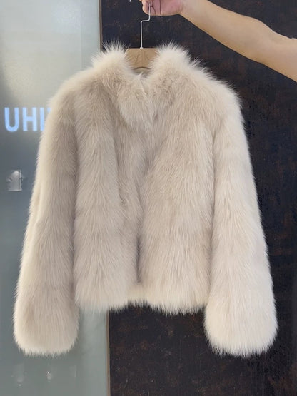 Fox Pattern Faux Fur Coat With Standing Collar And Long Sleeves, Made Of Polyester Featuring Contrast Faux Fur Craftsmanship