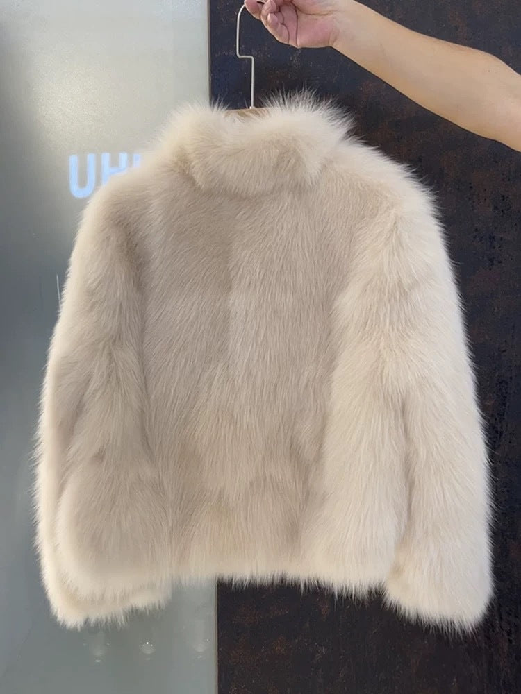 Fox Pattern Faux Fur Coat With Standing Collar And Long Sleeves, Made Of Polyester Featuring Contrast Faux Fur Craftsmanship