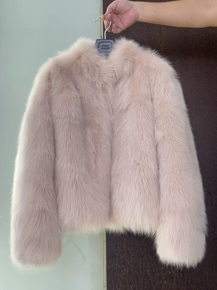 Fox Pattern Faux Fur Coat With Standing Collar And Long Sleeves, Made Of Polyester Featuring Contrast Faux Fur Craftsmanship