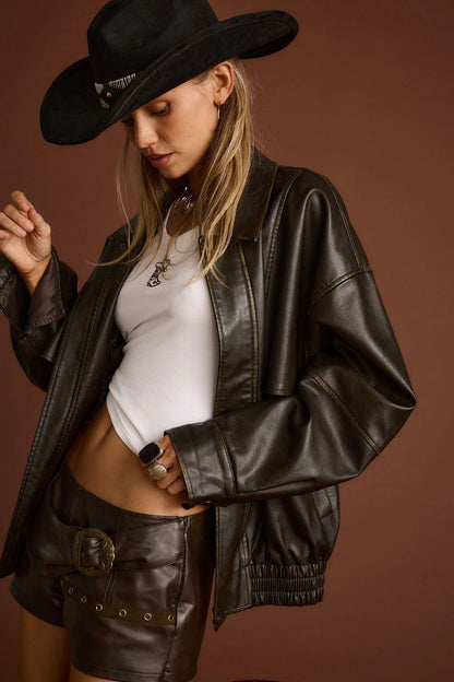 Vintage Style Women's Leather Jacket With Zipper Placket And Pocket, Featuring Polyester Fabric And Lapel Collar
