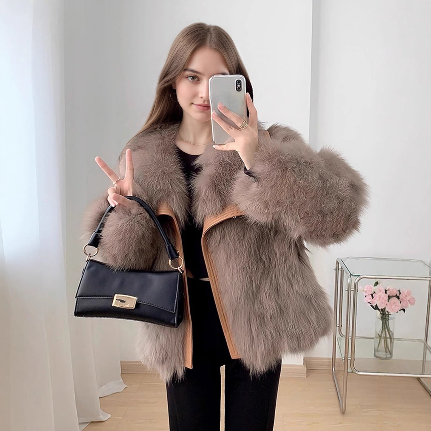 Fox Pattern British Style Faux Fur Coat With Lapel Collar, Made Of Polyester Featuring Contrast Faux Fur