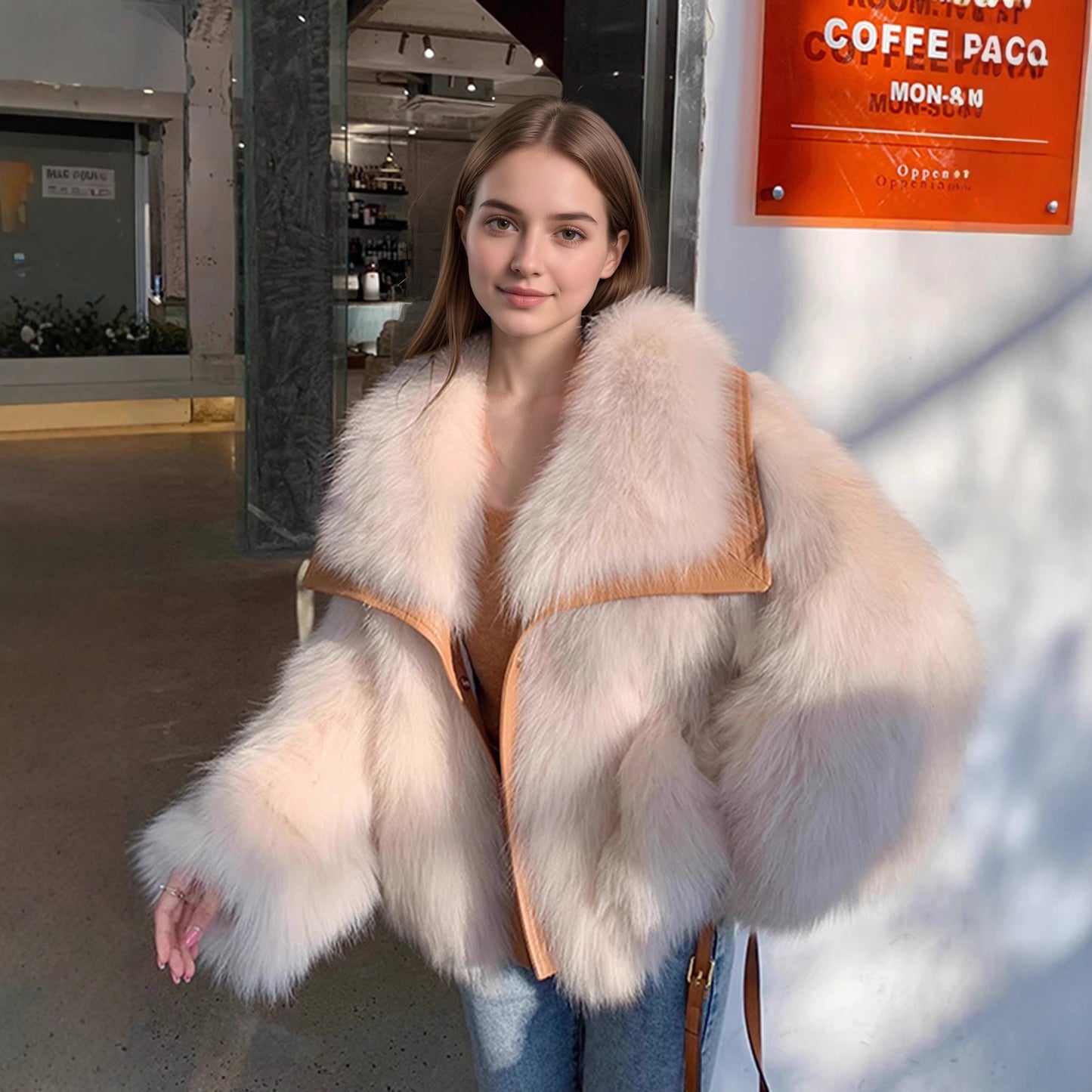 Fox Pattern British Style Faux Fur Coat With Lapel Collar, Made Of Polyester Featuring Contrast Faux Fur