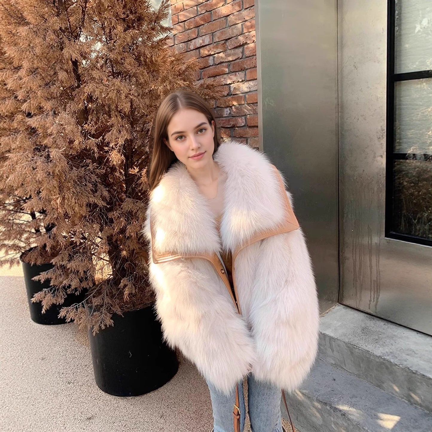 Fox Pattern British Style Faux Fur Coat With Lapel Collar, Made Of Polyester Featuring Contrast Faux Fur