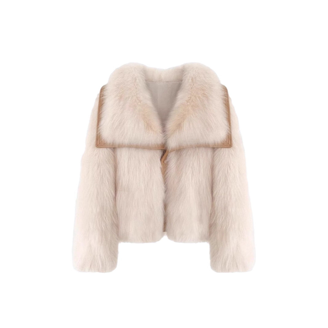 Fox Pattern British Style Faux Fur Coat With Lapel Collar, Made Of Polyester Featuring Contrast Faux Fur